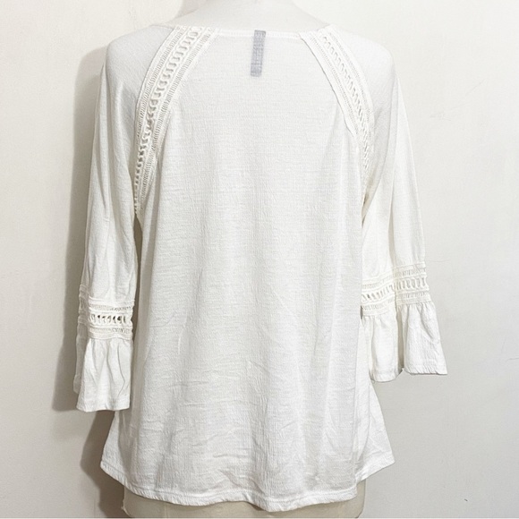 MASSINI boho crochet trim bell sleeves gauzy polyester rayon knit top blouse S - Picture 5 of 7